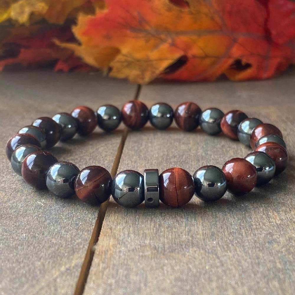 Mens Beaded Bracelets | Red Tiger's Eye & Hematite - UNLOCK YOUR CHAKRA 