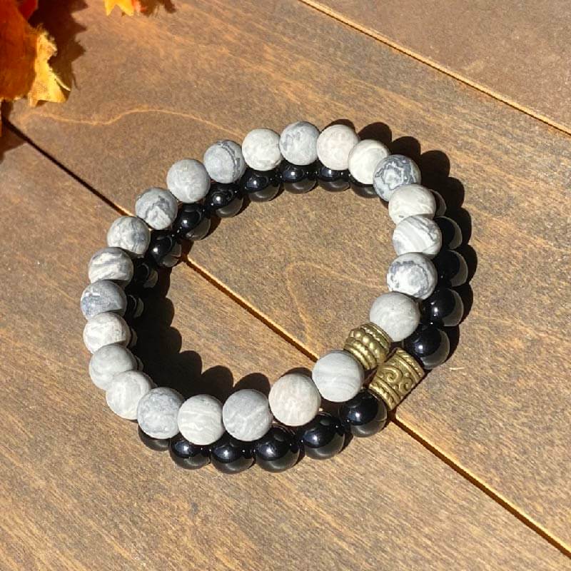 Mens Stacked Beaded Bracelets Black Onyx and Jasper | Unlock Your Chakra