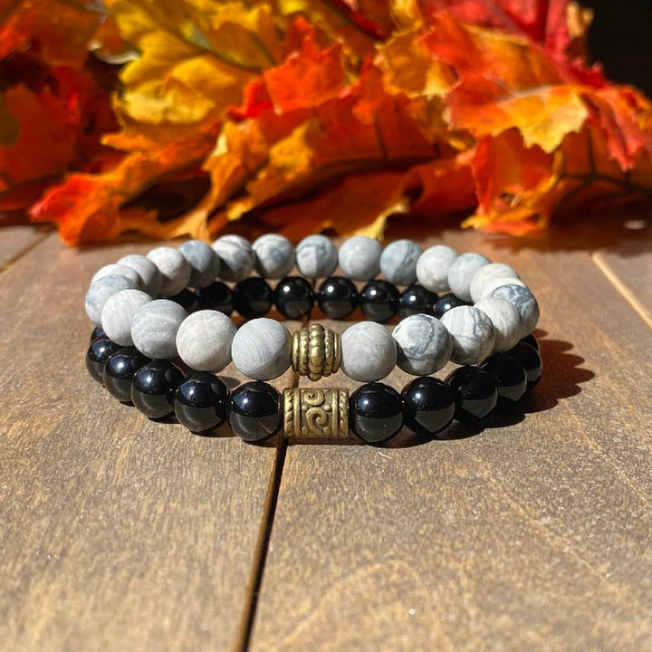 Mens Stacked Beaded Bracelets Black Onyx and Jasper | Unlock Your Chakra