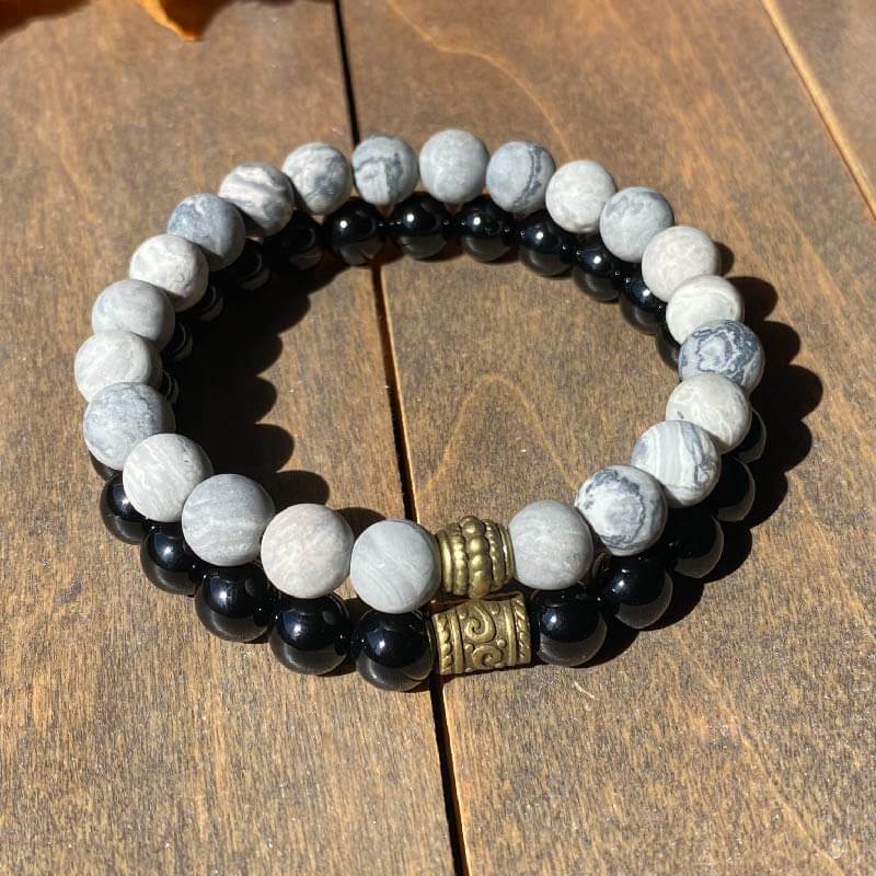 Mens Stacked Beaded Bracelets Black Onyx and Jasper | Unlock Your Chakra