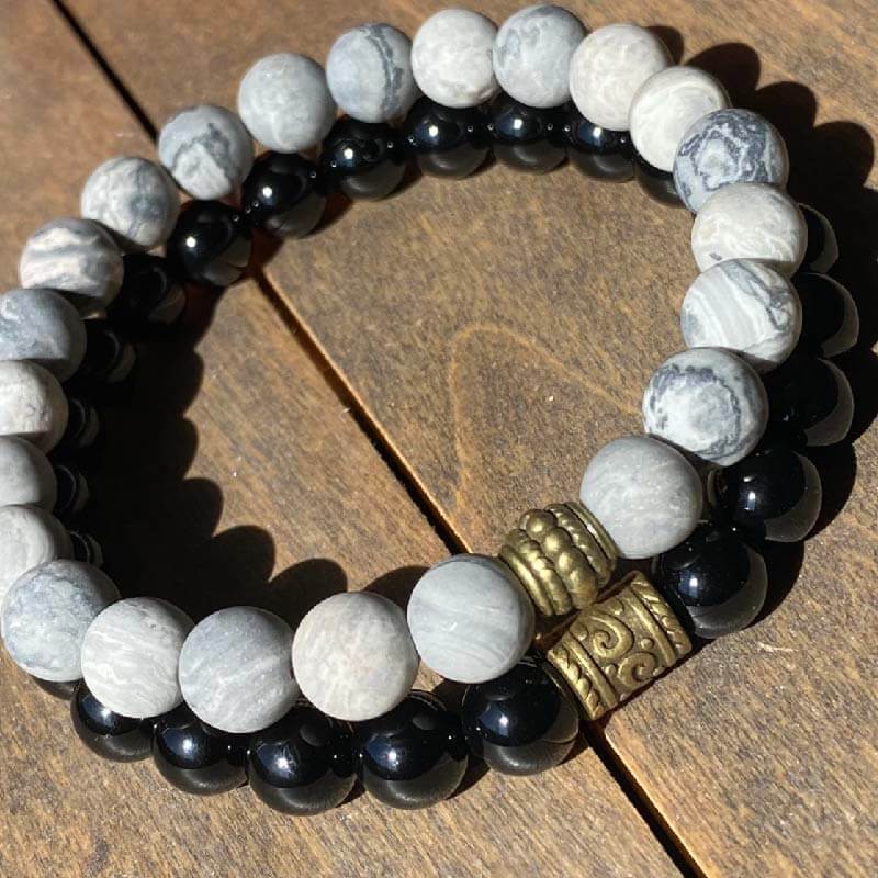 Mens Stacked Beaded Bracelets Black Onyx and Jasper | Unlock Your Chakra