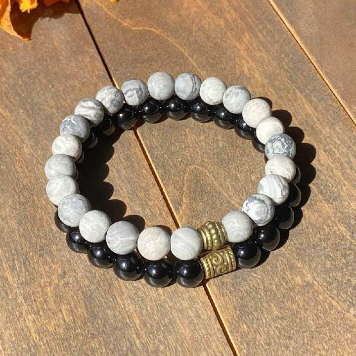 Mens Stacked Beaded Bracelets Black Onyx and Jasper | Unlock Your Chakra